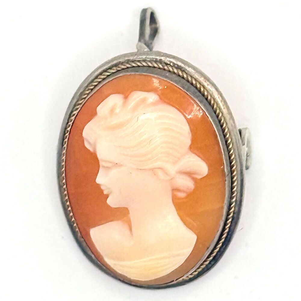 Vintage Italian 800 Silver Shell Cameo Brooch Pendant | Hand Carved Lady Profile